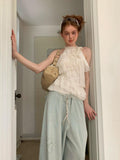 UNIVERSE White Romantic Layered Lace Women's Polyester Blend Halter Tops