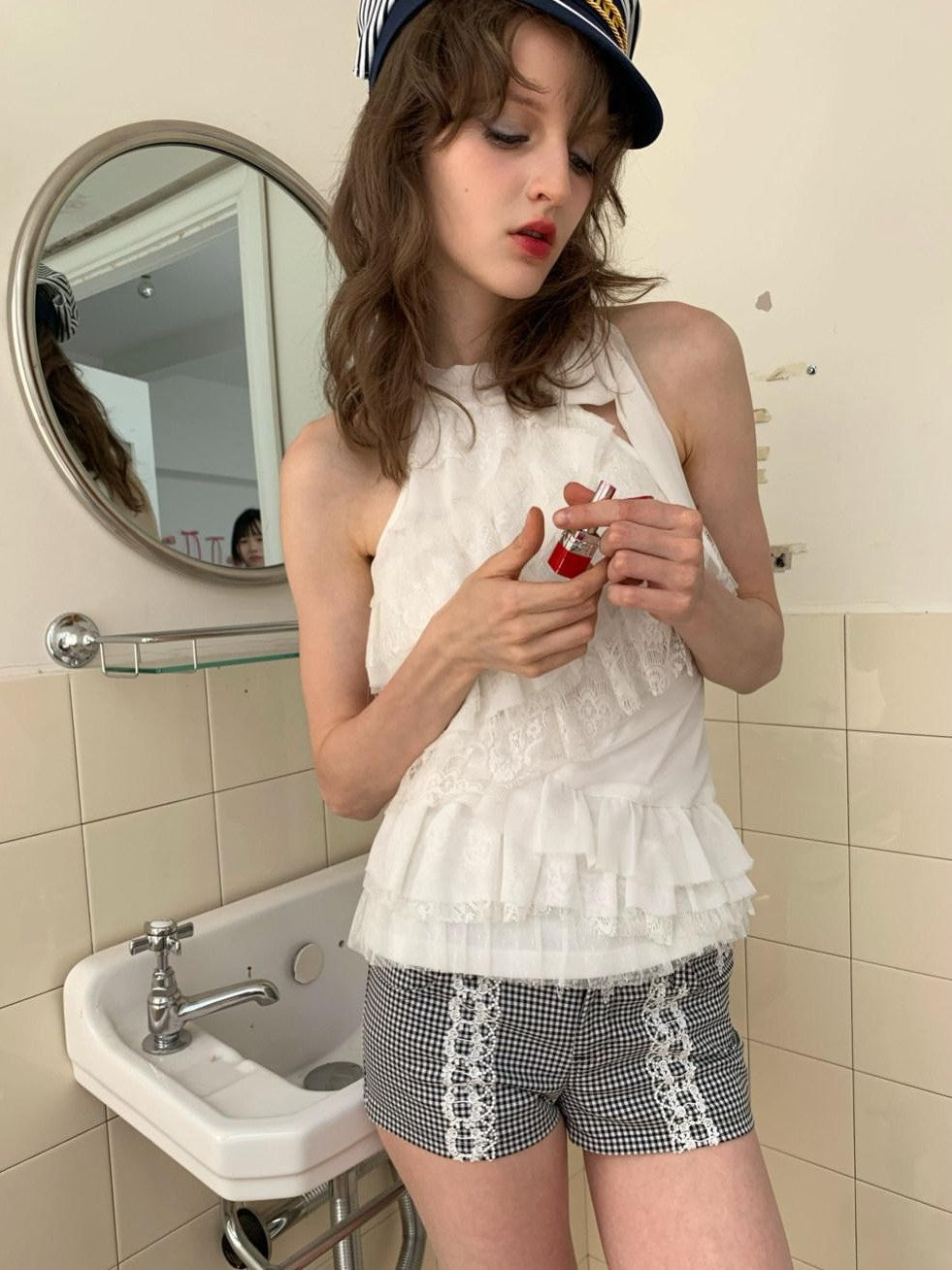 UNIVERSE White Romantic Layered Lace Women's Polyester Blend Halter Tops