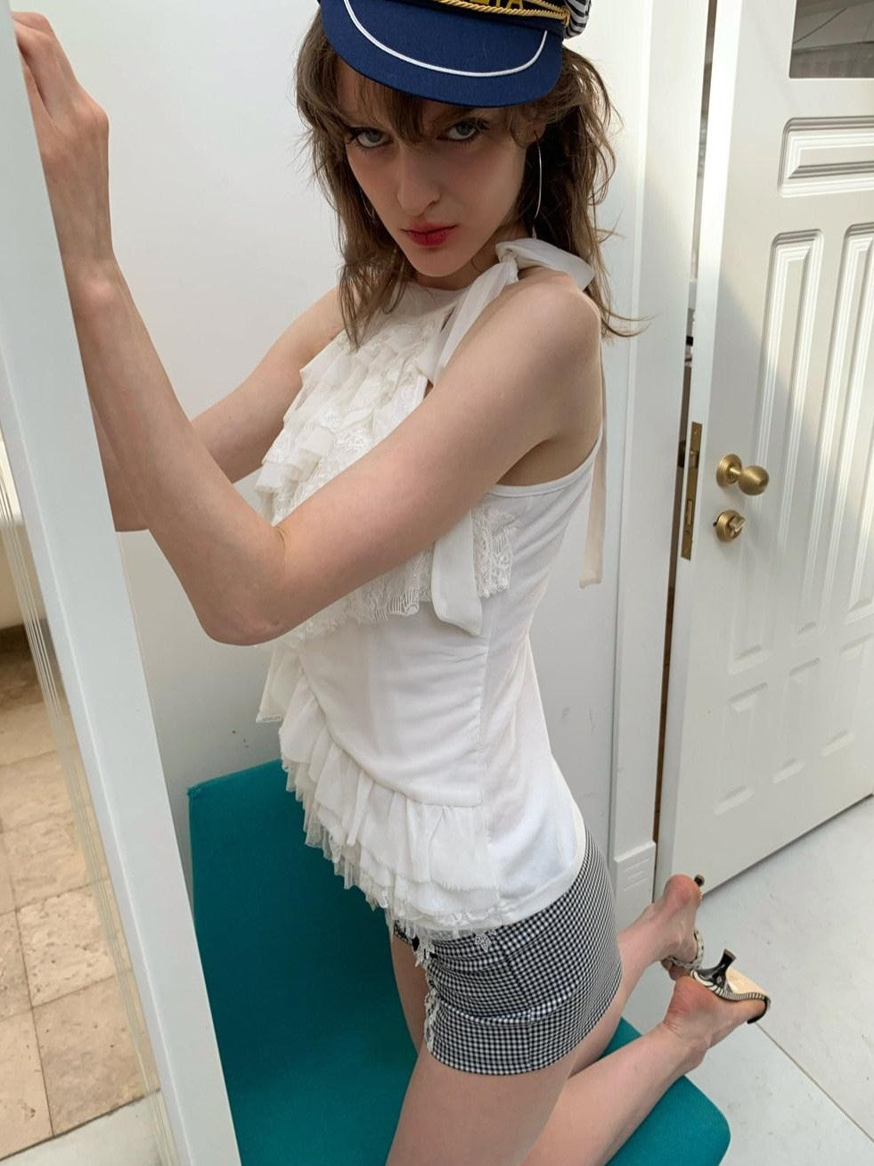 UNIVERSE White Romantic Layered Lace Women's Polyester Blend Halter Tops