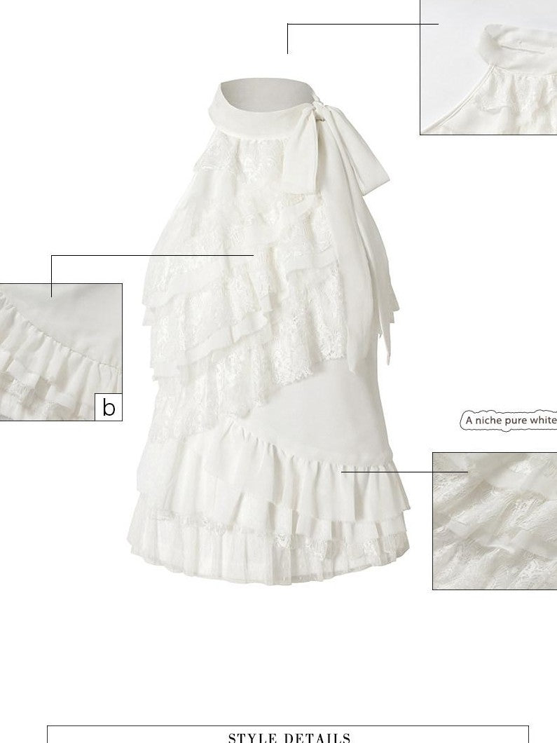 UNIVERSE White Romantic Layered Lace Women's Polyester Blend Halter Tops