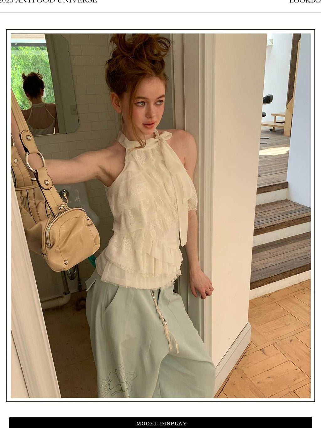 UNIVERSE White Romantic Layered Lace Women's Polyester Blend Halter Tops
