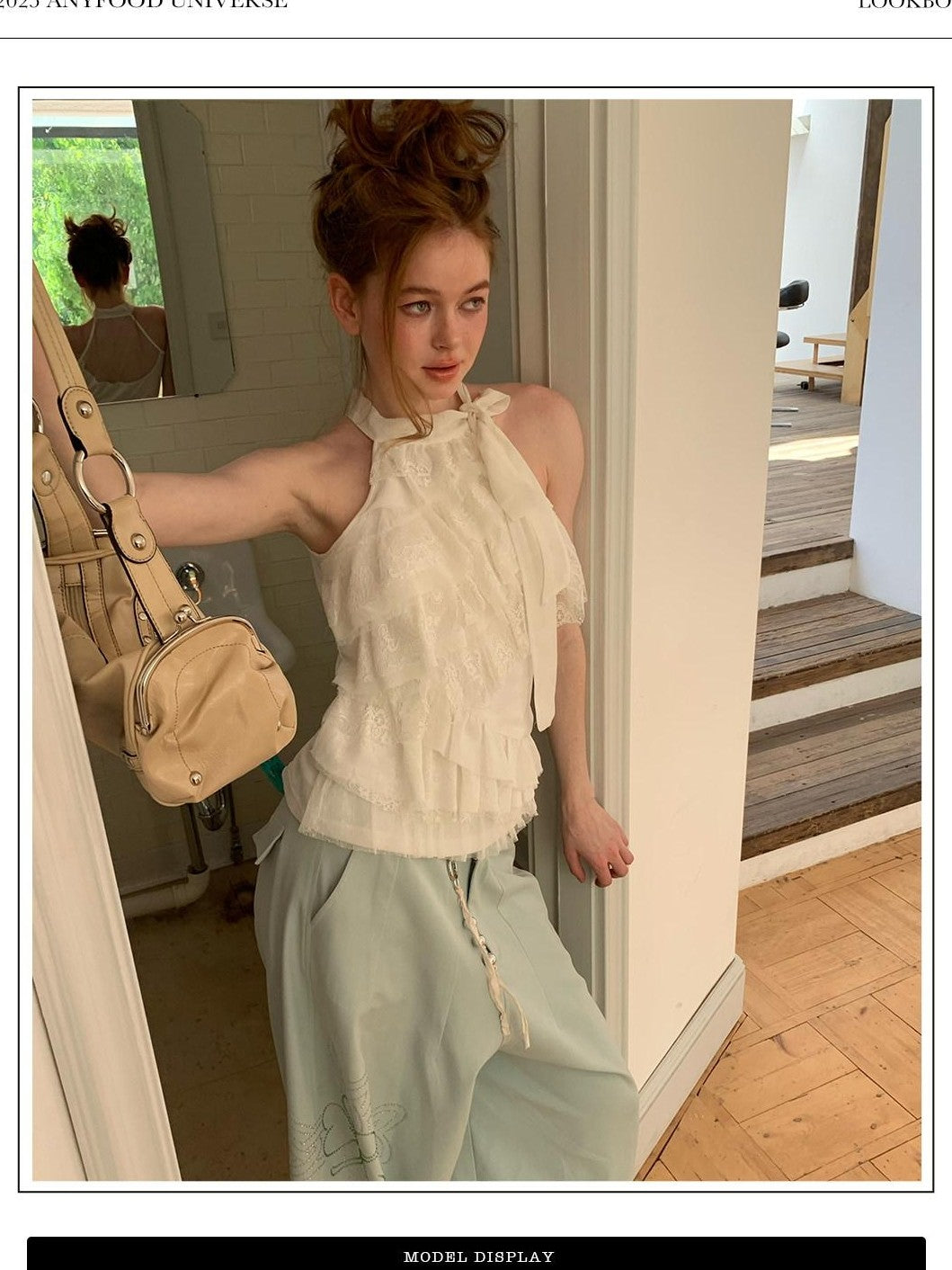 UNIVERSE White Romantic Layered Lace Women's Polyester Blend Halter Tops