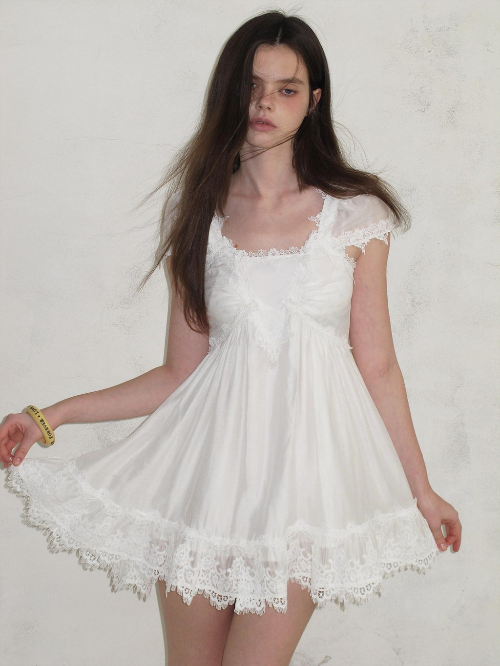 UNIVERSE White Square Neck Lace Flutter Sleeve Women's Lyocell Blend Casual Mini Dresses