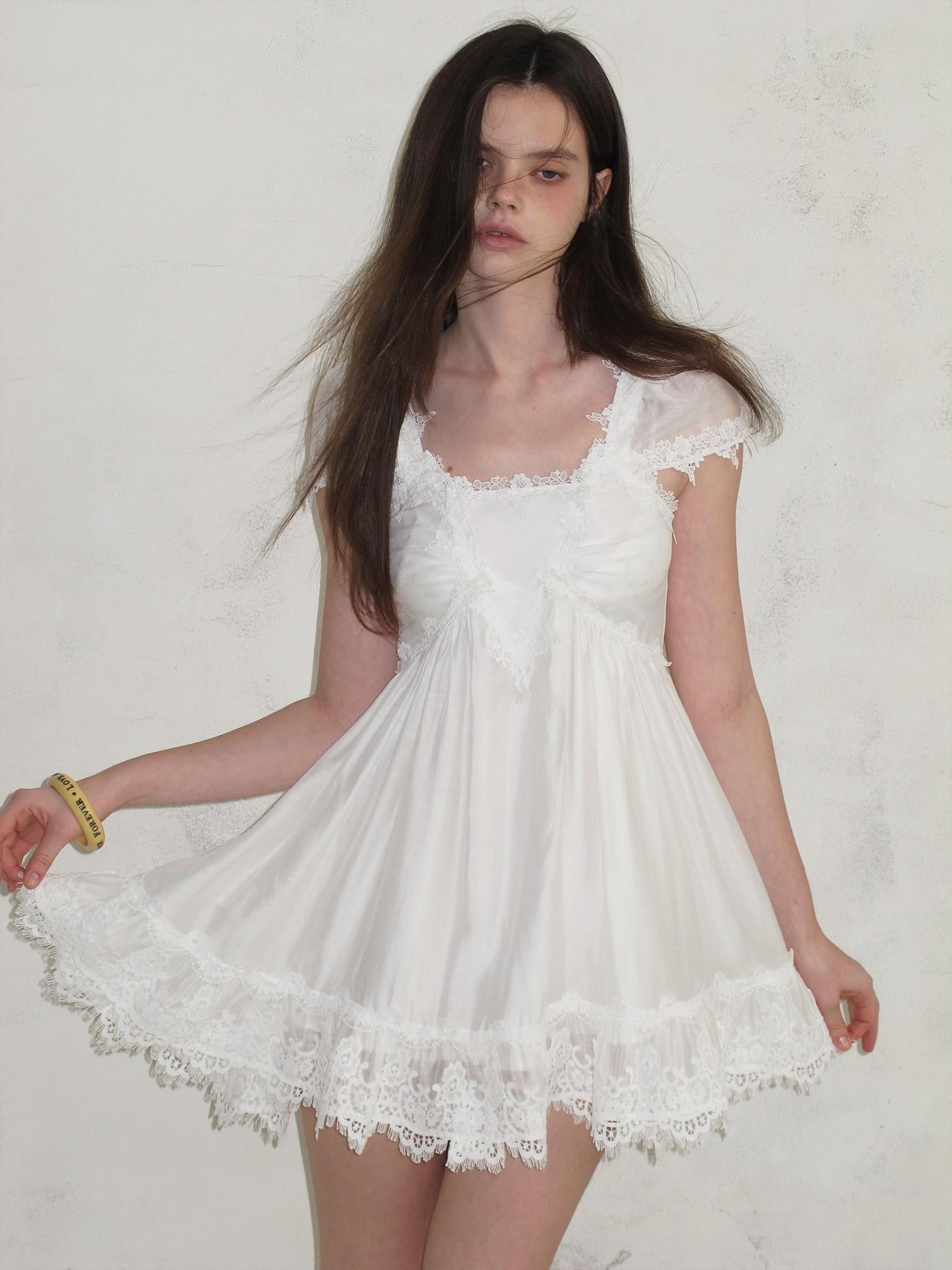 UNIVERSE White Square Neck Lace Flutter Sleeve Women's Lyocell Blend Casual Mini Dresses