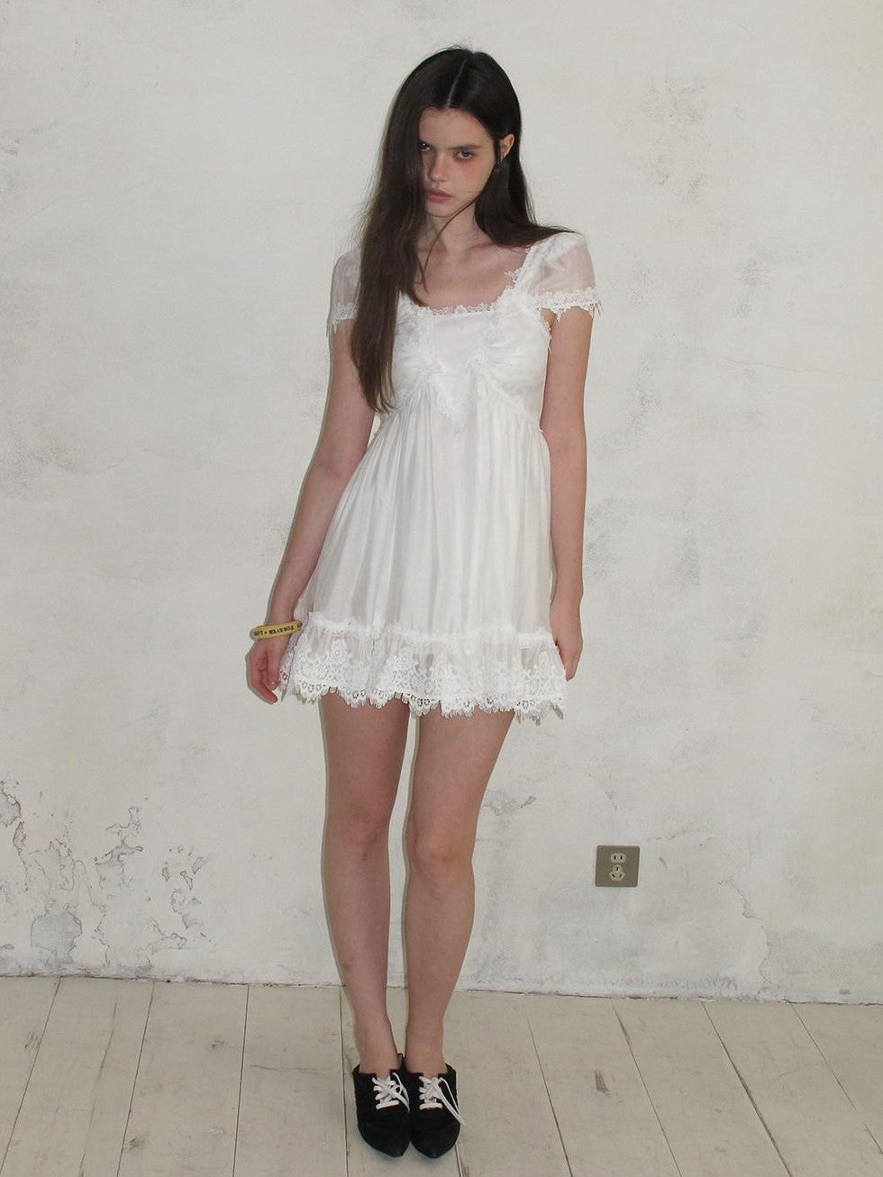 UNIVERSE White Square Neck Lace Flutter Sleeve Women's Lyocell Blend Casual Mini Dresses