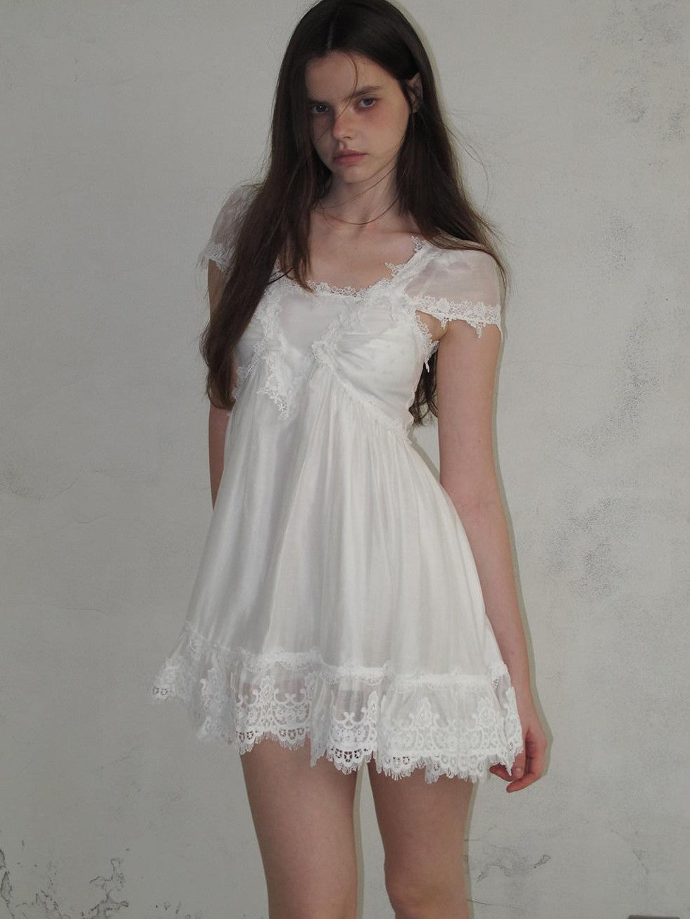 UNIVERSE White Square Neck Lace Flutter Sleeve Women's Lyocell Blend Casual Mini Dresses