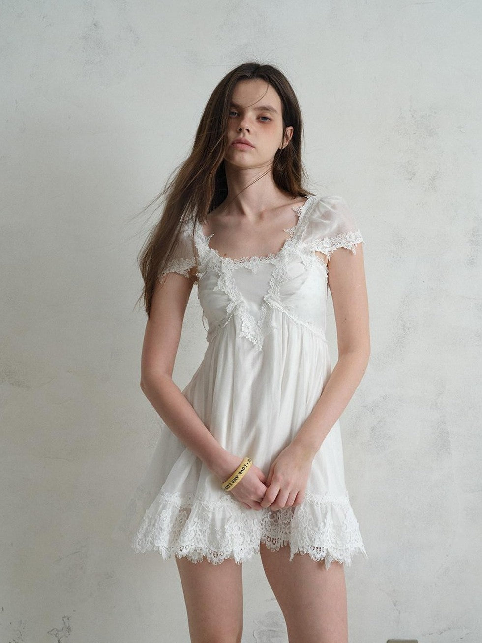UNIVERSE White Square Neck Lace Flutter Sleeve Women's Lyocell Blend Casual Mini Dresses