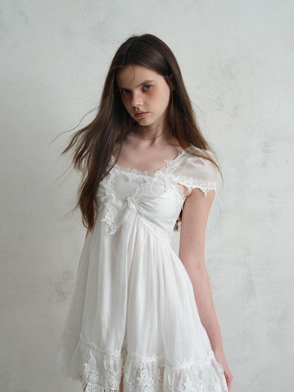 UNIVERSE White Square Neck Lace Flutter Sleeve Women's Lyocell Blend Casual Mini Dresses