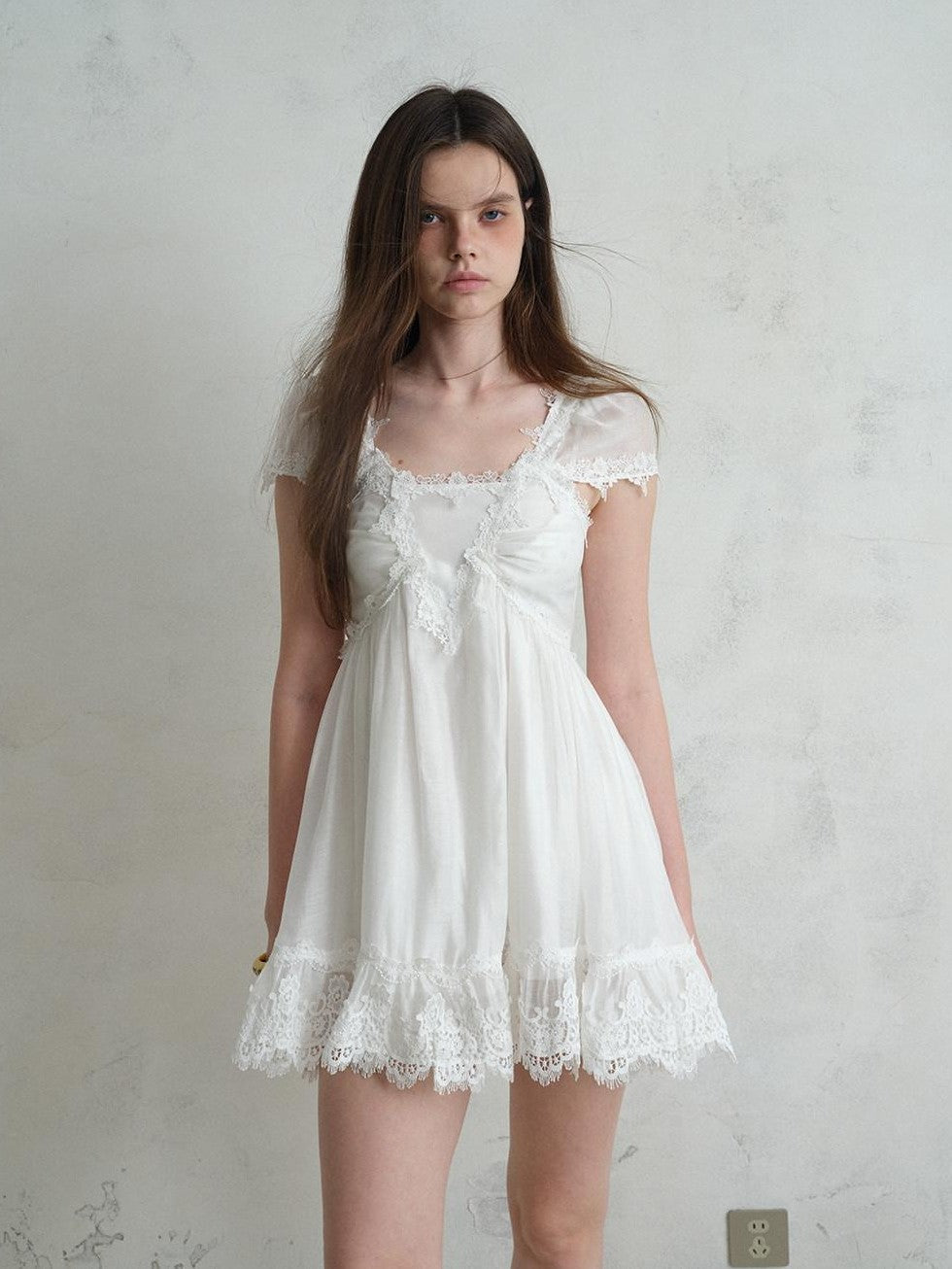 UNIVERSE White Square Neck Lace Flutter Sleeve Women's Lyocell Blend Casual Mini Dresses