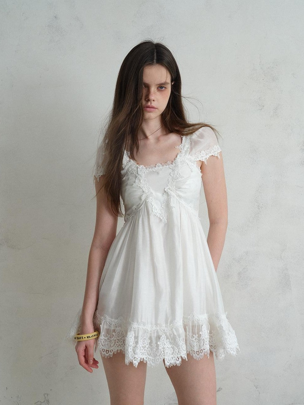 UNIVERSE White Square Neck Lace Flutter Sleeve Women's Lyocell Blend Casual Mini Dresses
