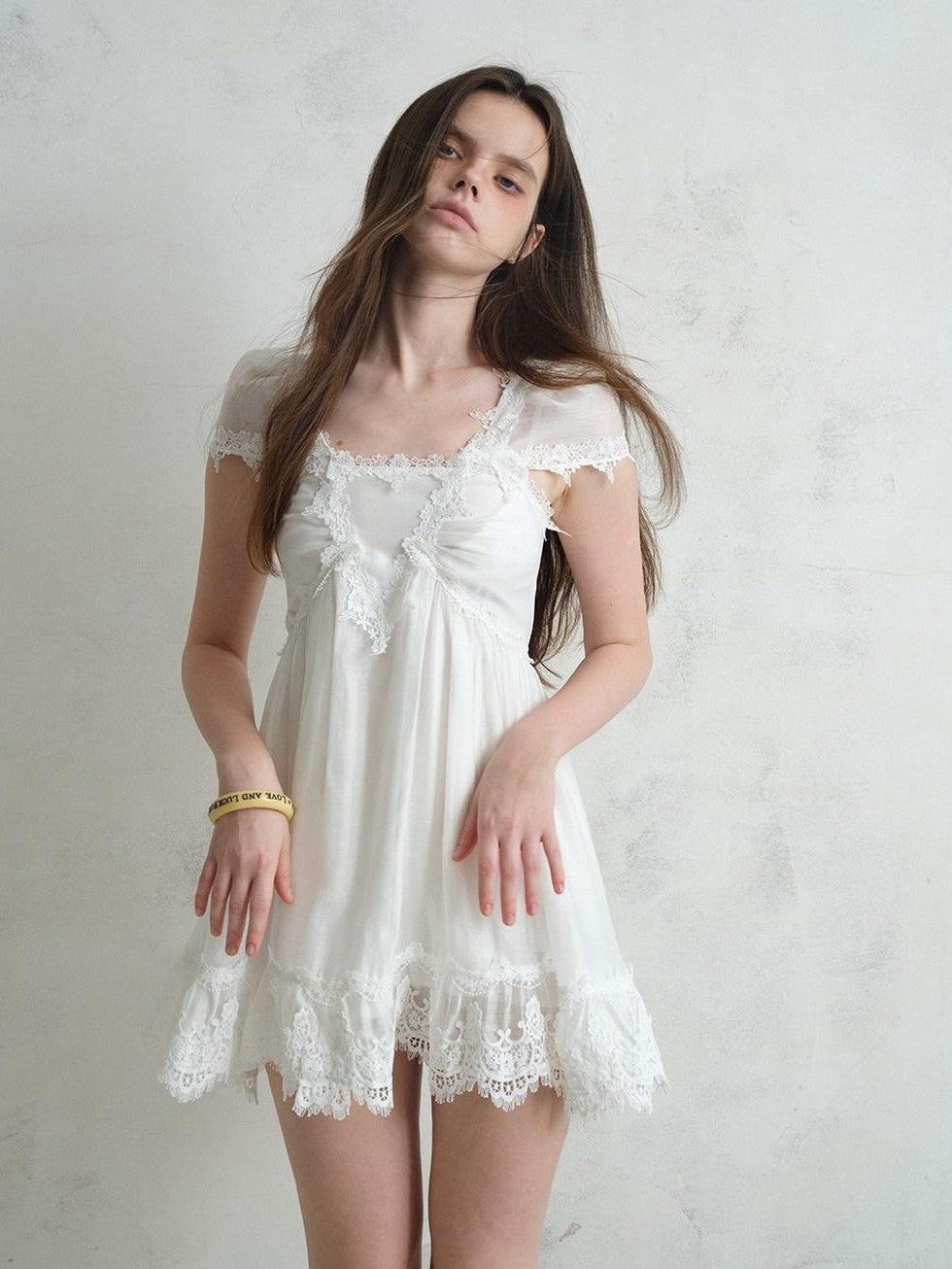 UNIVERSE White Square Neck Lace Flutter Sleeve Women's Lyocell Blend Casual Mini Dresses
