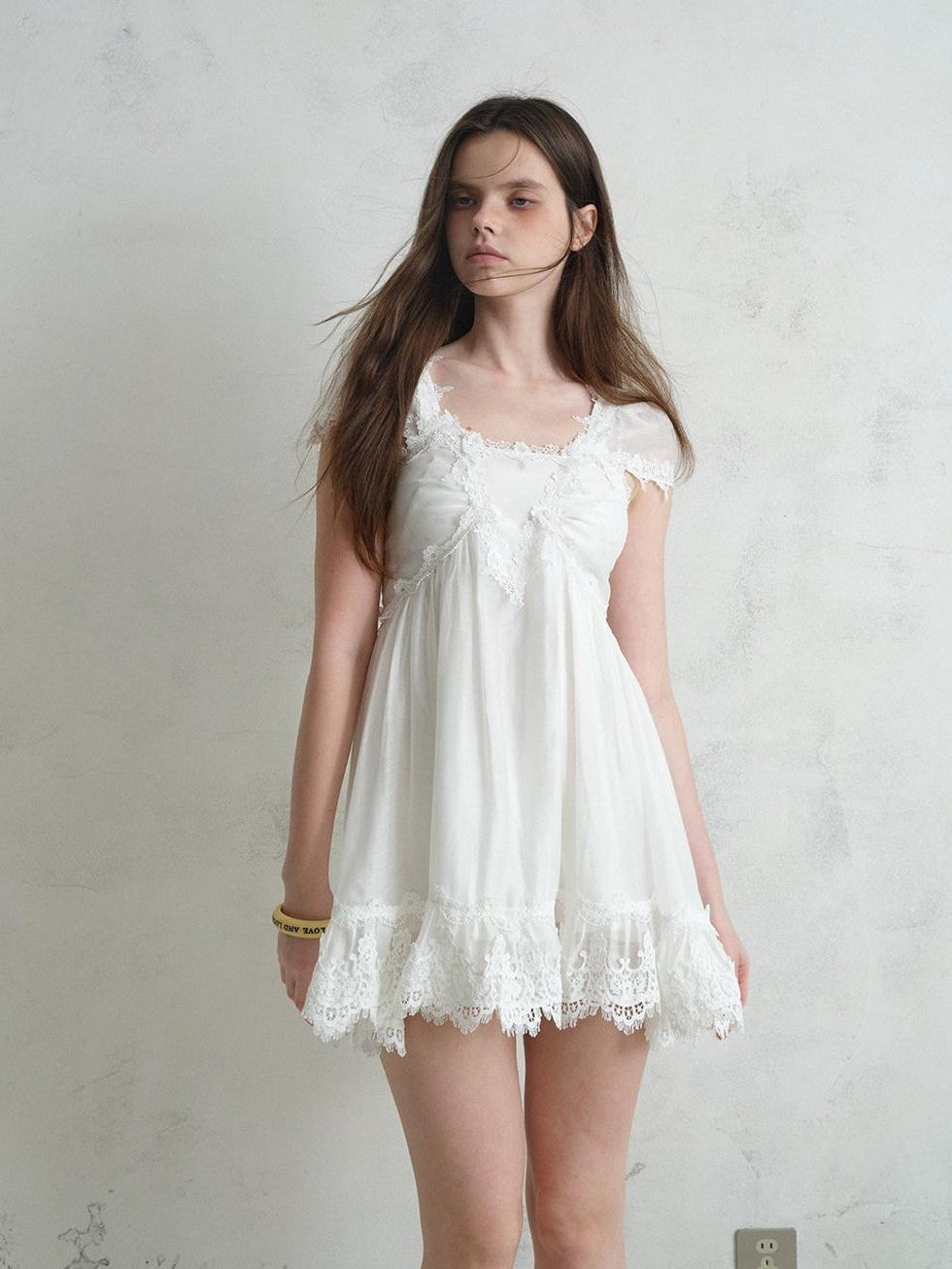 UNIVERSE White Square Neck Lace Flutter Sleeve Women's Lyocell Blend Casual Mini Dresses