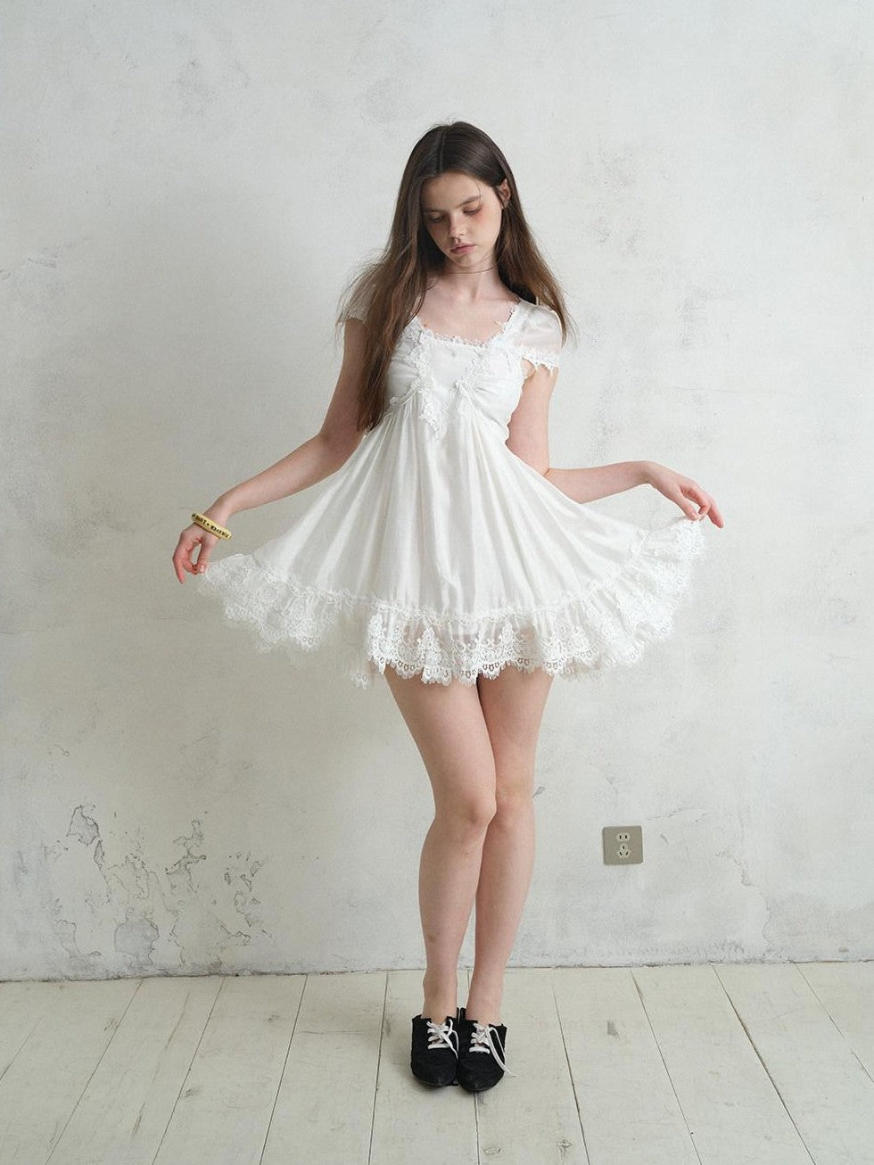 UNIVERSE White Square Neck Lace Flutter Sleeve Women's Lyocell Blend Casual Mini Dresses