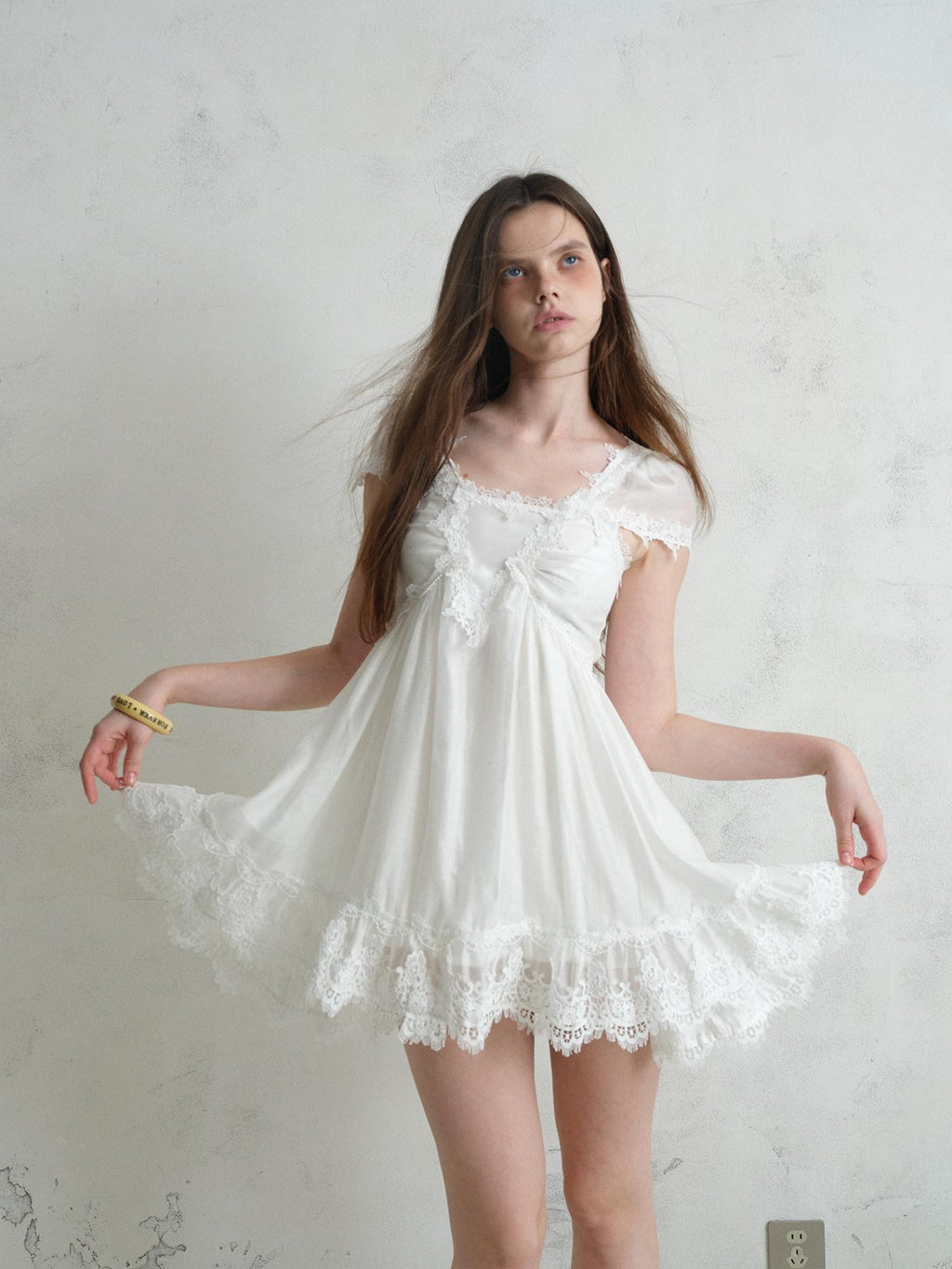 UNIVERSE White Square Neck Lace Flutter Sleeve Women's Lyocell Blend Casual Mini Dresses