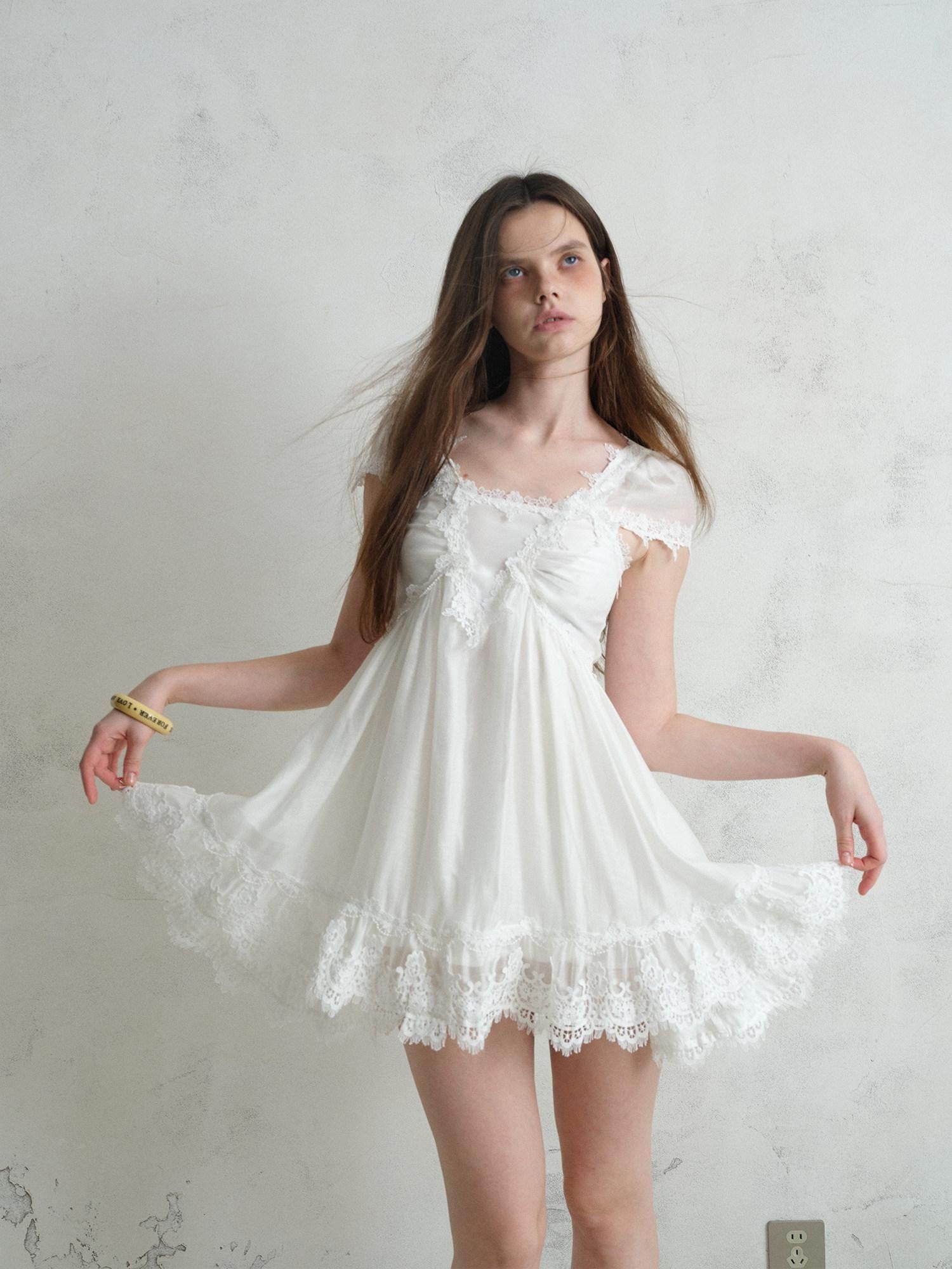 UNIVERSE White Square Neck Lace Flutter Sleeve Women's Lyocell Blend Casual Mini Dresses