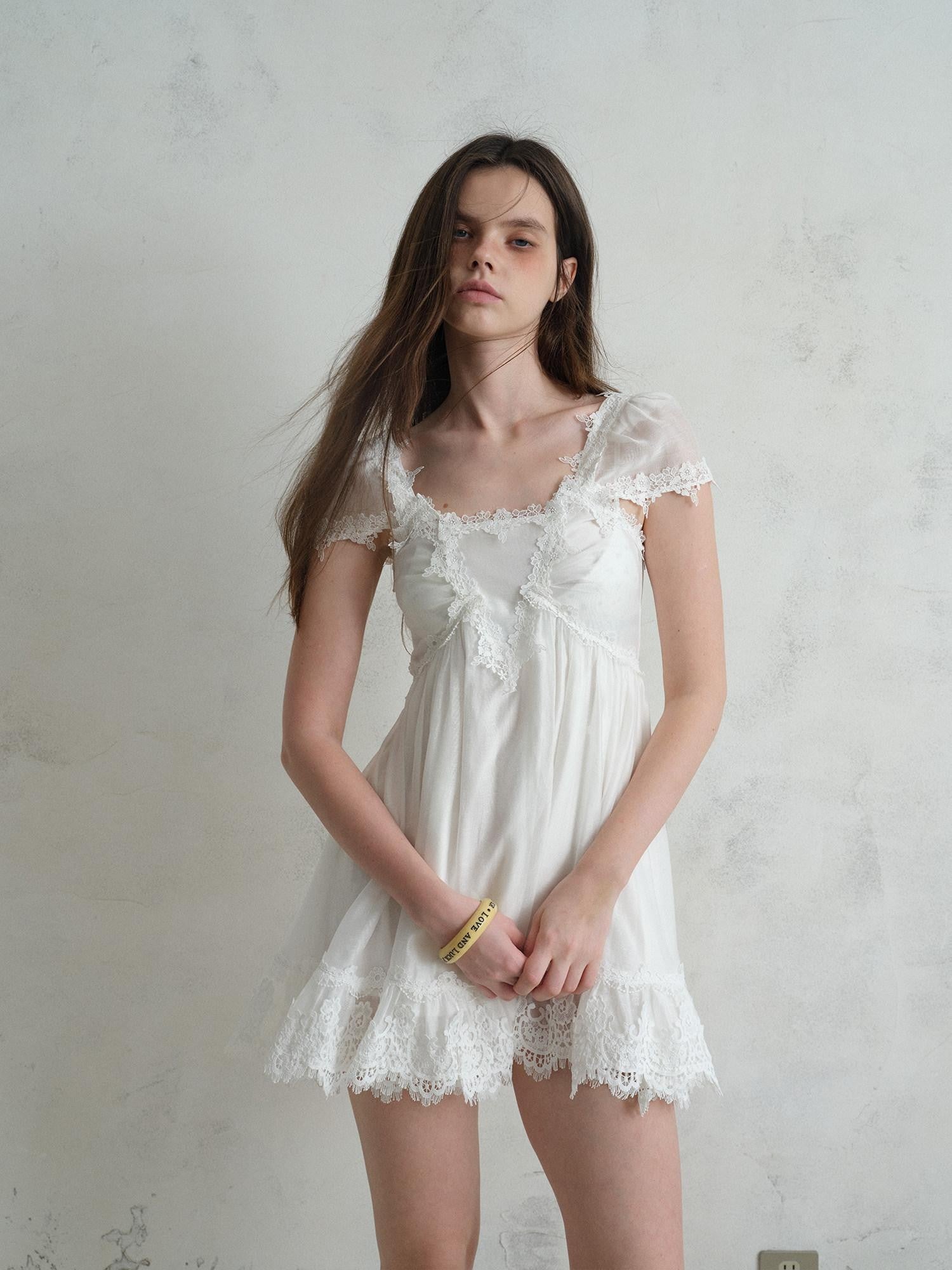 UNIVERSE White Square Neck Lace Flutter Sleeve Women's Lyocell Blend Casual Mini Dresses