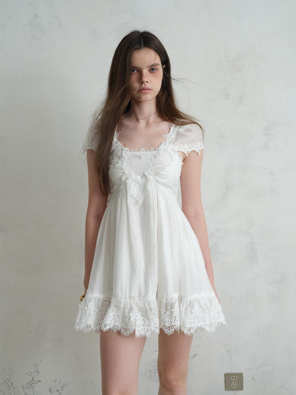 UNIVERSE White Square Neck Lace Flutter Sleeve Women's Lyocell Blend Casual Mini Dresses