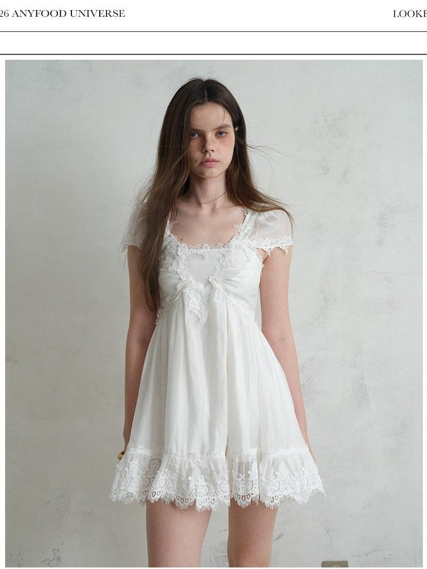 UNIVERSE White Square Neck Lace Flutter Sleeve Women's Lyocell Blend Casual Mini Dresses