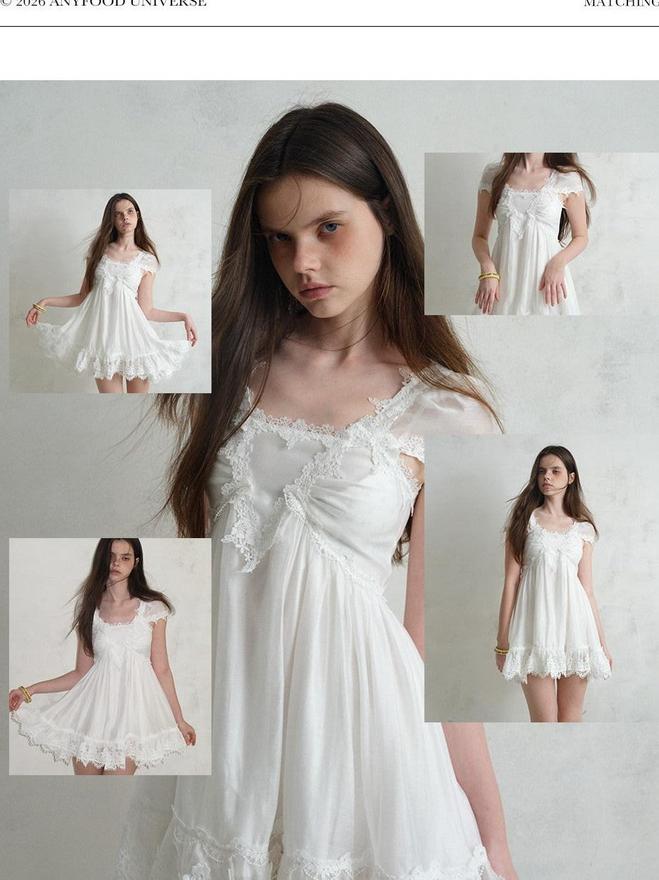 UNIVERSE White Square Neck Lace Flutter Sleeve Women's Lyocell Blend Casual Mini Dresses