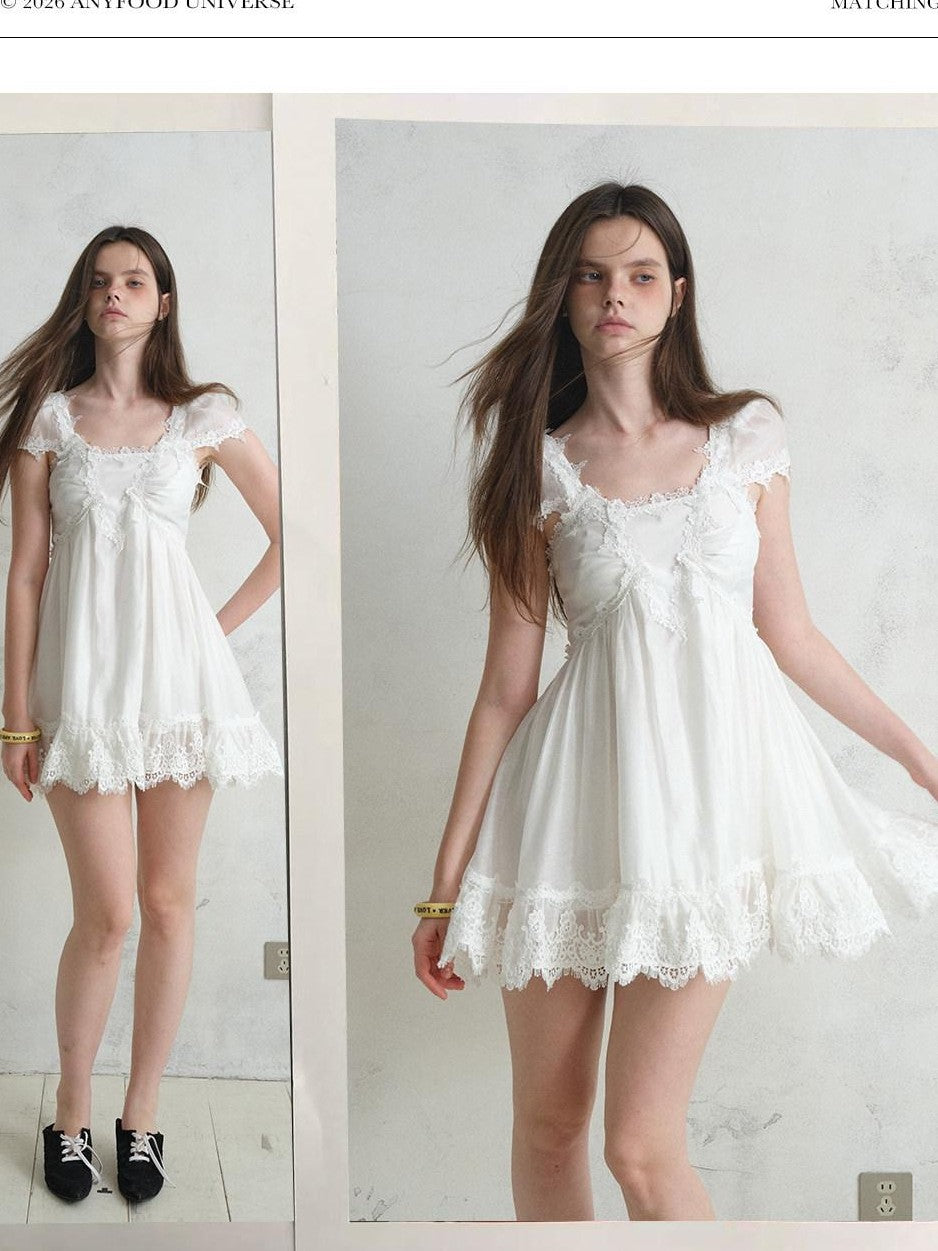UNIVERSE White Square Neck Lace Flutter Sleeve Women's Lyocell Blend Casual Mini Dresses