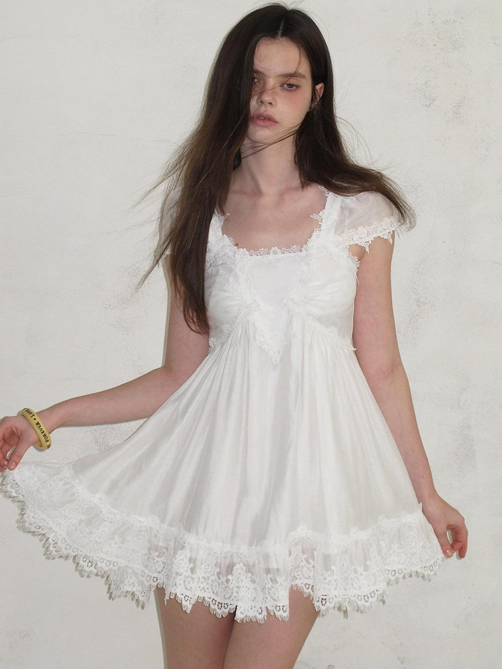 UNIVERSE White Square Neck Lace Flutter Sleeve Women's Lyocell Blend Casual Mini Dresses