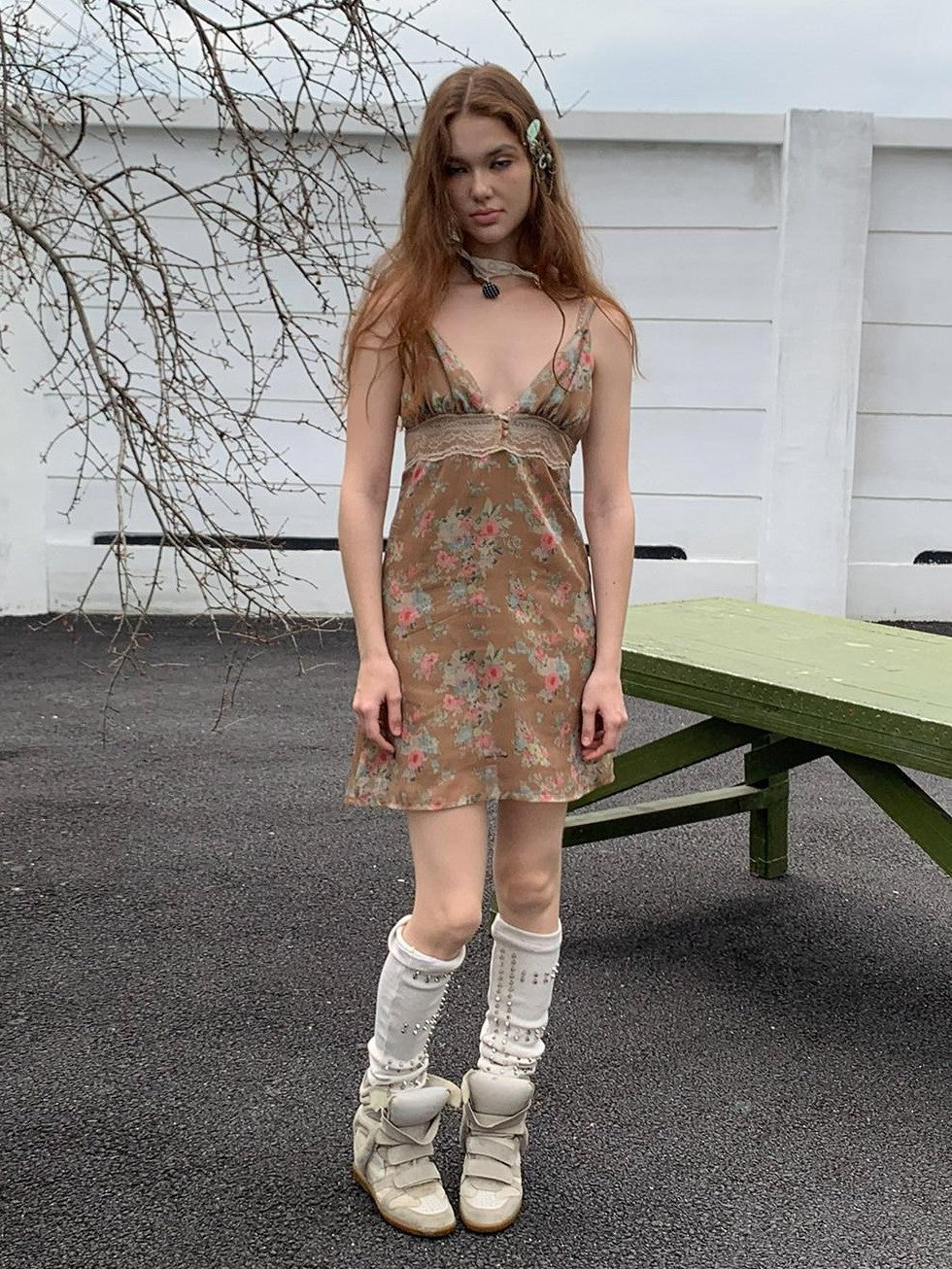 UNIVERSE Wild Garden Vintage Brown Floral Lace Deep V Women's Polyester Slip Mini Dresses