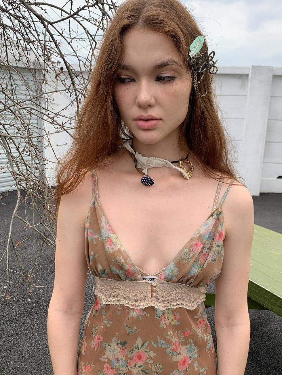 UNIVERSE Wild Garden Vintage Brown Floral Lace Deep V Women's Polyester Slip Mini Dresses