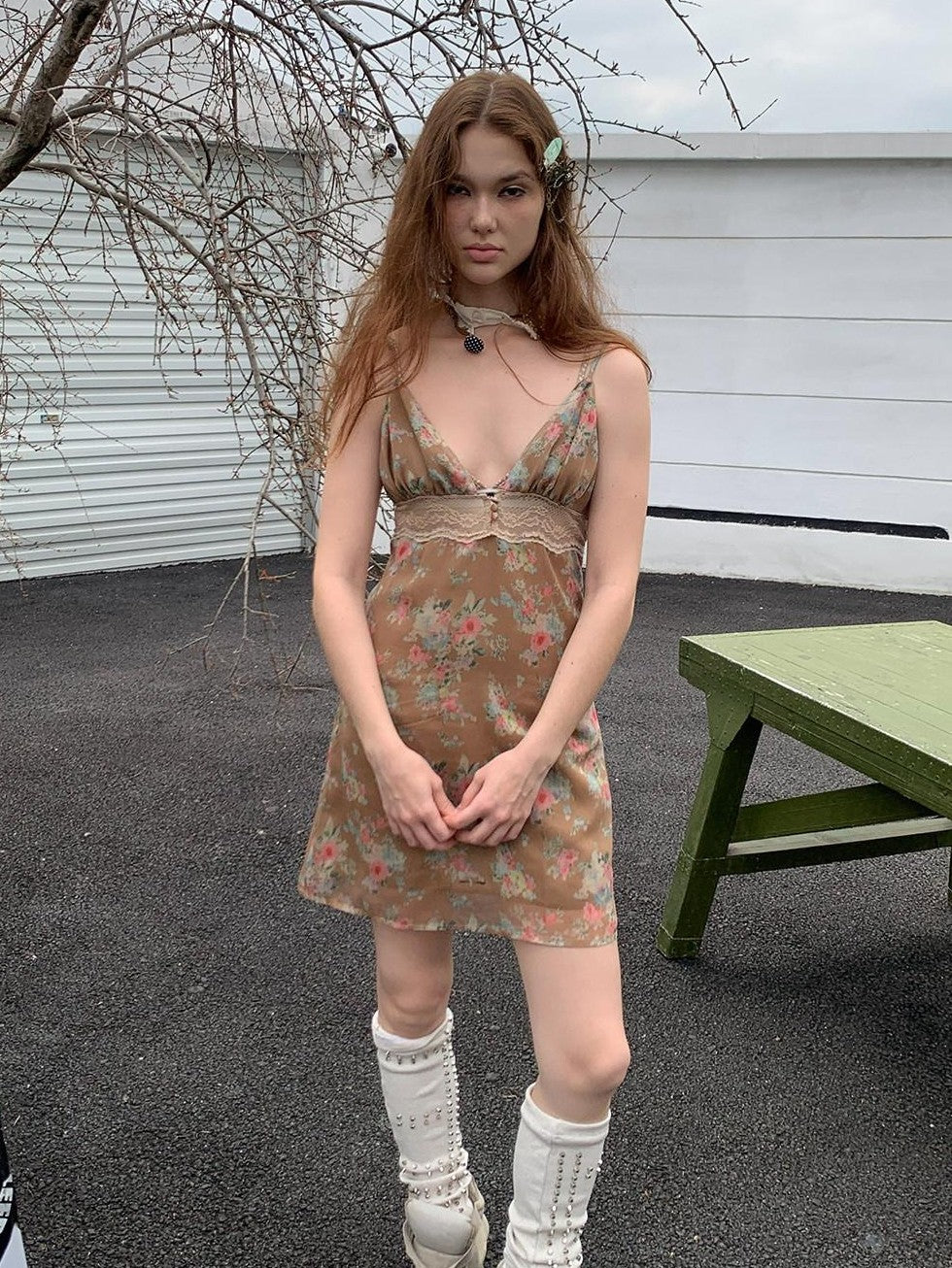 UNIVERSE Wild Garden Vintage Brown Floral Lace Deep V Women's Polyester Slip Mini Dresses