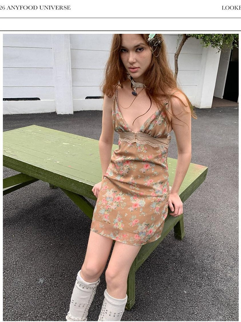 UNIVERSE Wild Garden Vintage Brown Floral Lace Deep V Women's Polyester Slip Mini Dresses