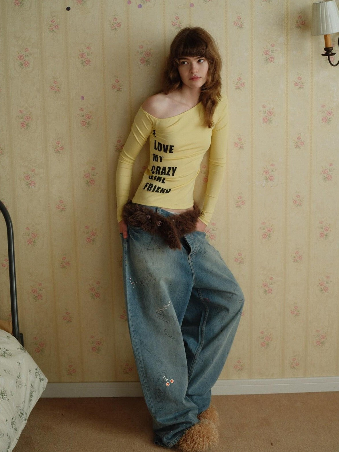 UNIVERSE Yellow Cross Print One Shoulder Women's Lyocell Blend Long Sleeve T-shirts