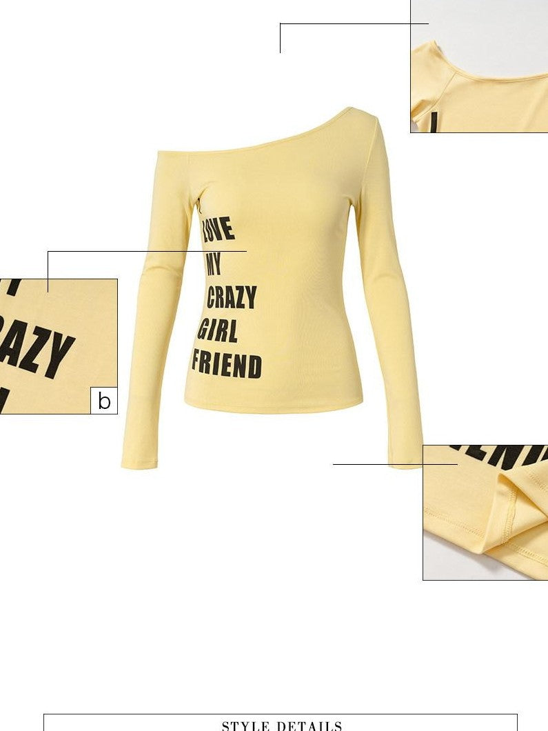 UNIVERSE Yellow Cross Print One Shoulder Women's Lyocell Blend Long Sleeve T-shirts