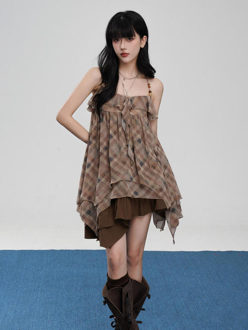 VEEMIX Amber Brown Plaid Backless Asymmetrical Hem Women's Polyester Camisoles