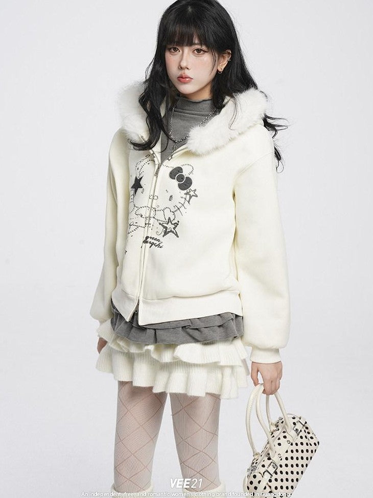VEEMIX Apricot Fur Collar Cat Print Hooded Thick Women's Cotton Blend Zip-up Hoodies