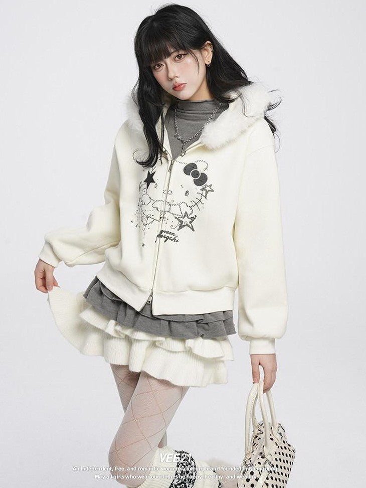 VEEMIX Apricot Fur Collar Cat Print Hooded Thick Women's Cotton Blend Zip-up Hoodies