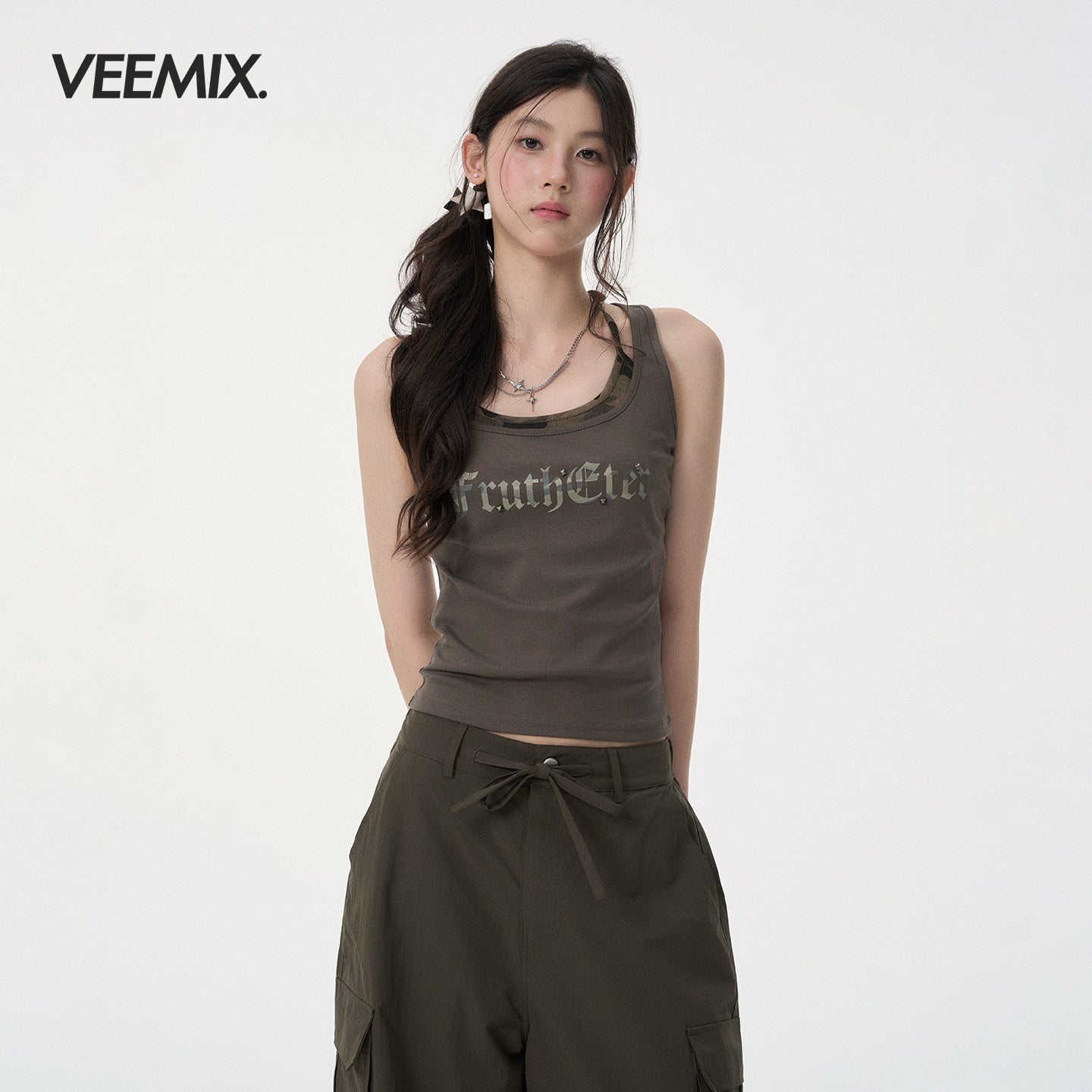 VEEMIX_Army_Green_Letter_Print_Fake_Two_Piece_Y_Strap_Women's_Cotton_Tank_Tops_1053403127777_MISSTT