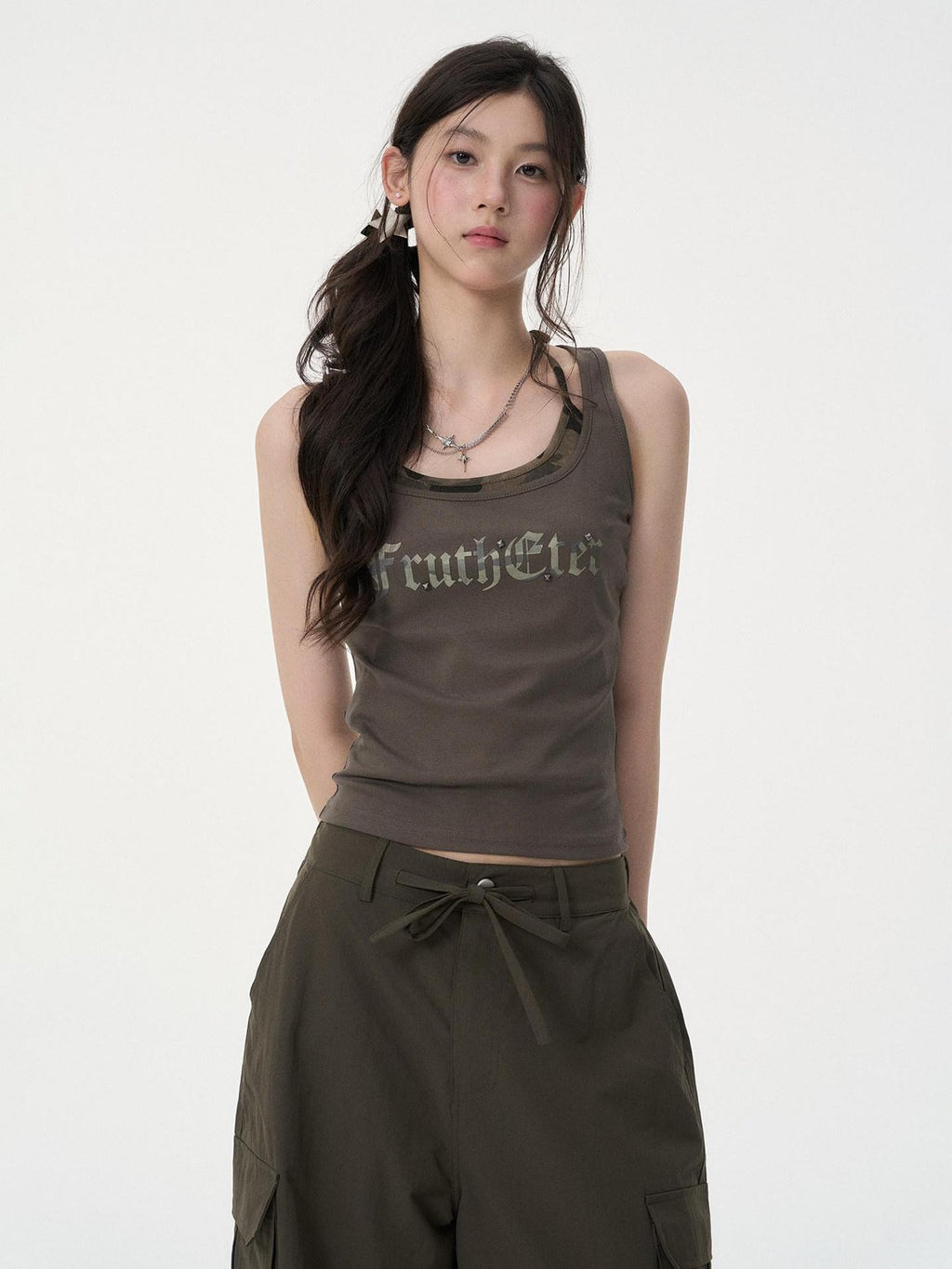 VEEMIX Army Green Letter Print Fake Two Piece Y Strap Women's Cotton Tank Tops