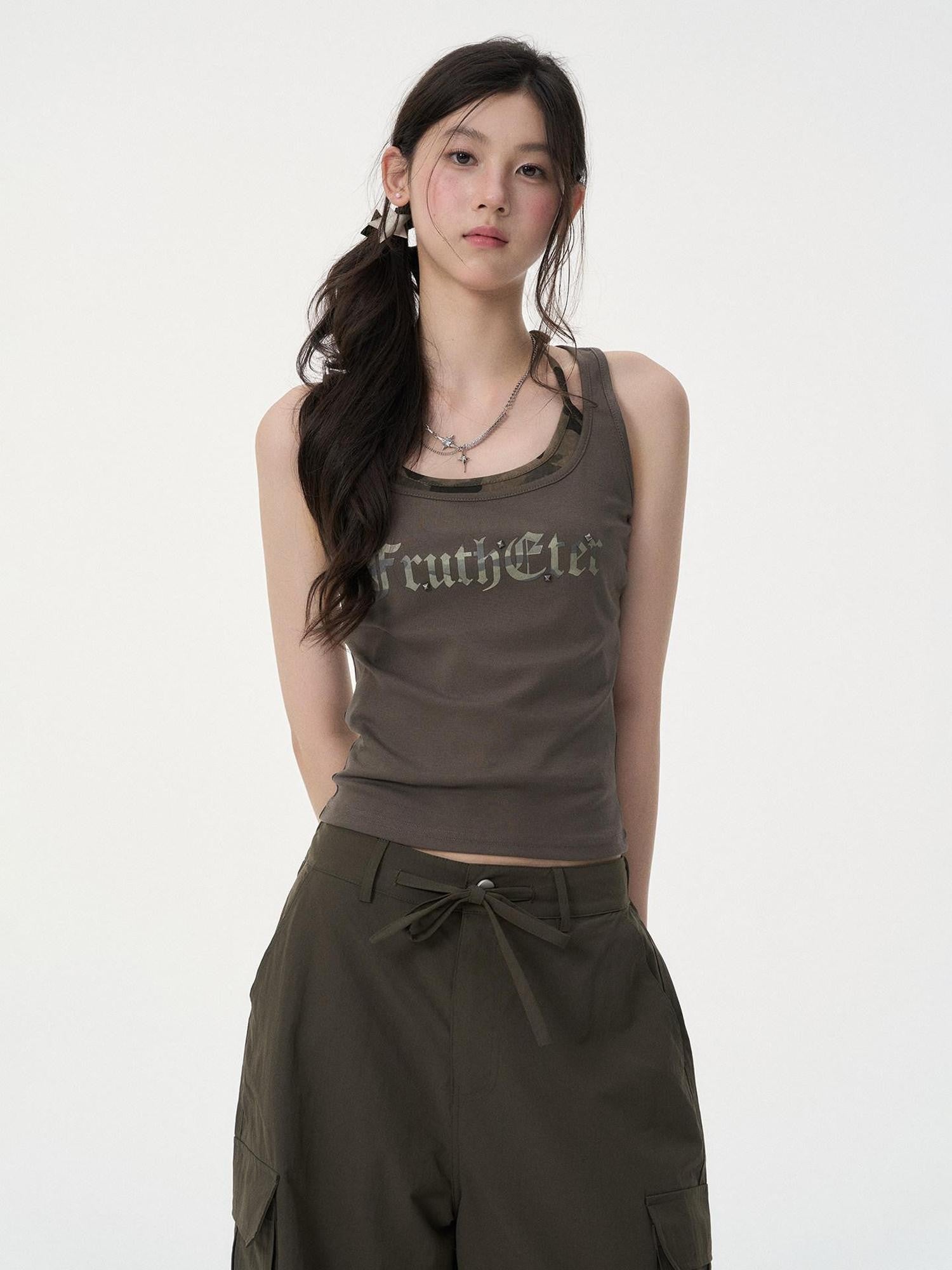 VEEMIX Army Green Letter Print Fake Two Piece Y Strap Women's Cotton Tank Tops