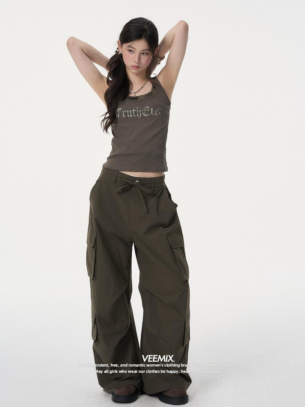 VEEMIX Army Green Letter Print Fake Two Piece Y Strap Women's Cotton Tank Tops