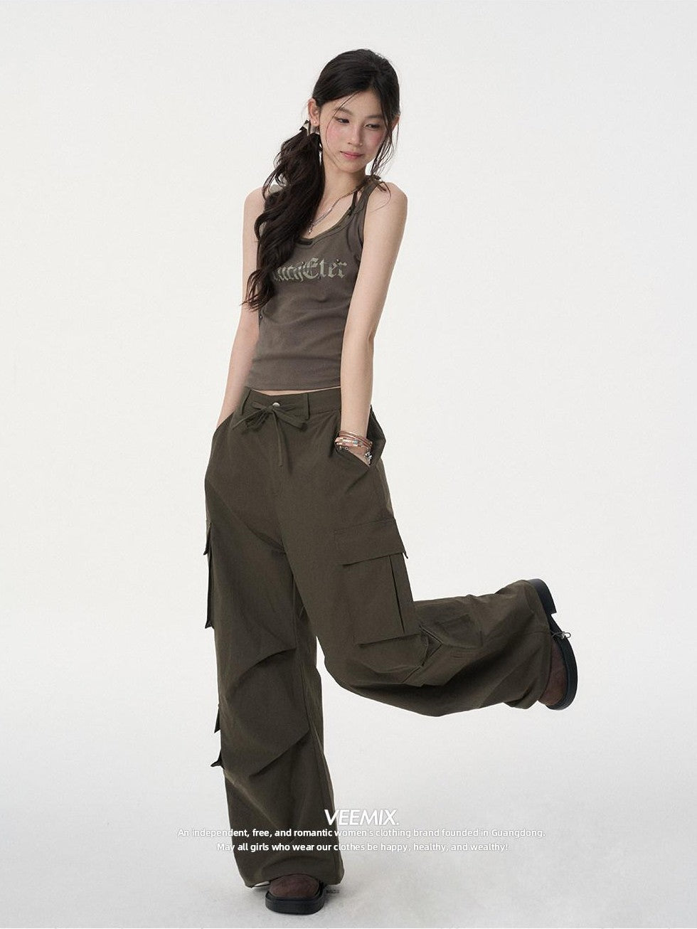VEEMIX Army Green Letter Print Fake Two Piece Y Strap Women's Cotton Tank Tops