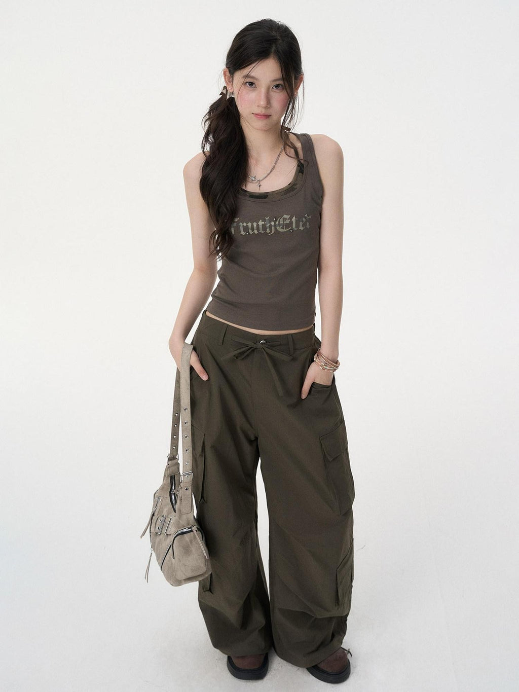 VEEMIX Army Green Letter Print Fake Two Piece Y Strap Women's Cotton Tank Tops