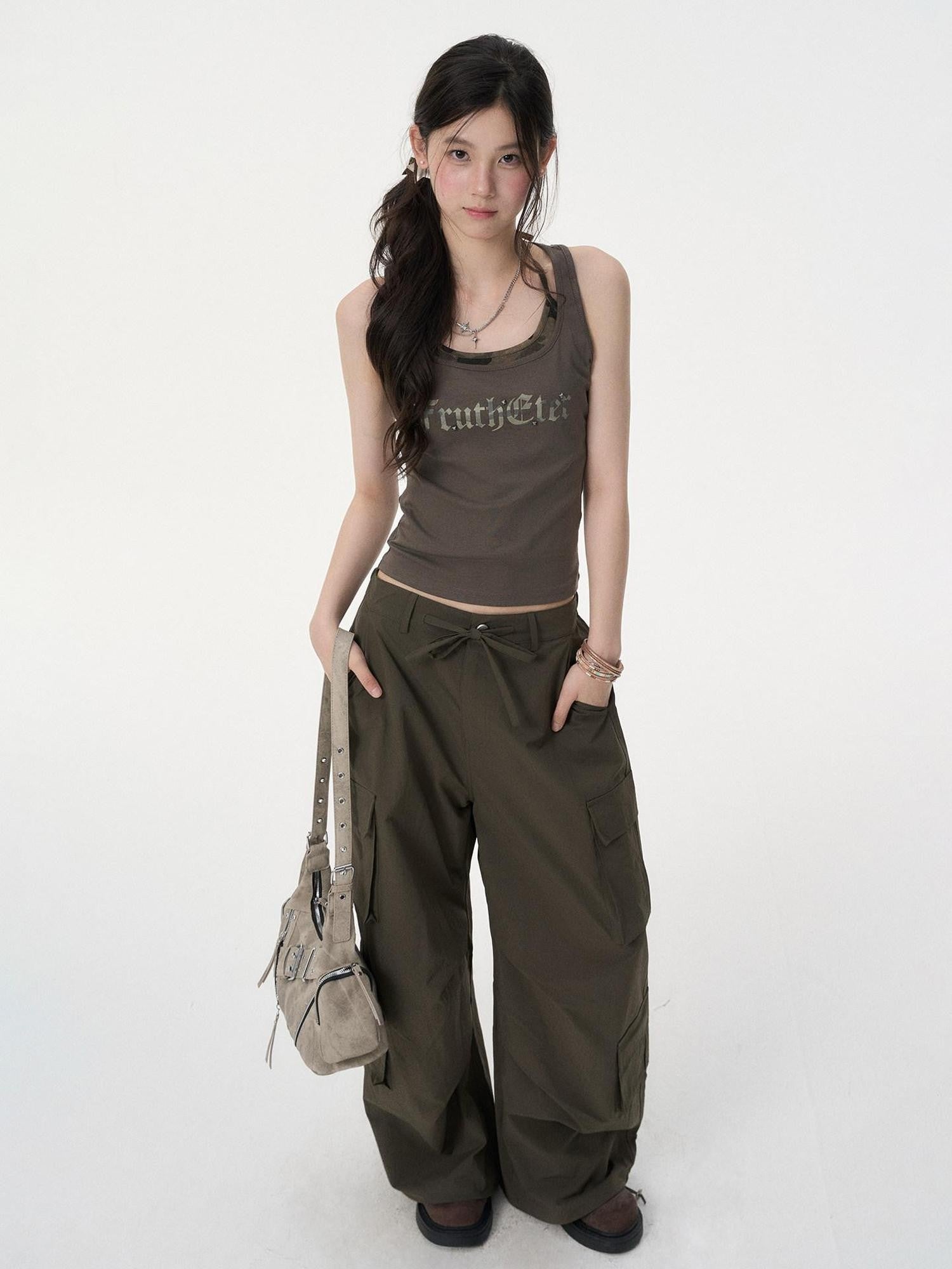 VEEMIX Army Green Letter Print Fake Two Piece Y Strap Women's Cotton Tank Tops