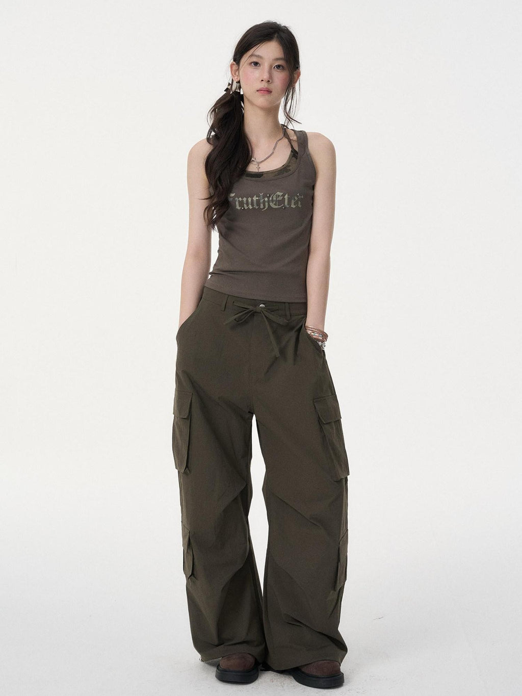 VEEMIX Army Green Letter Print Fake Two Piece Y Strap Women's Cotton Tank Tops