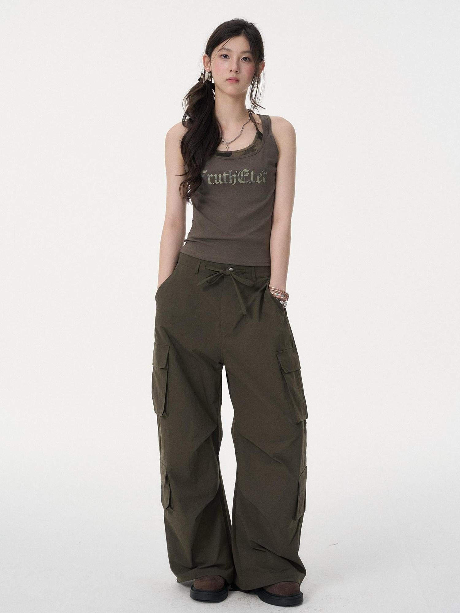 VEEMIX Army Green Letter Print Fake Two Piece Y Strap Women's Cotton Tank Tops