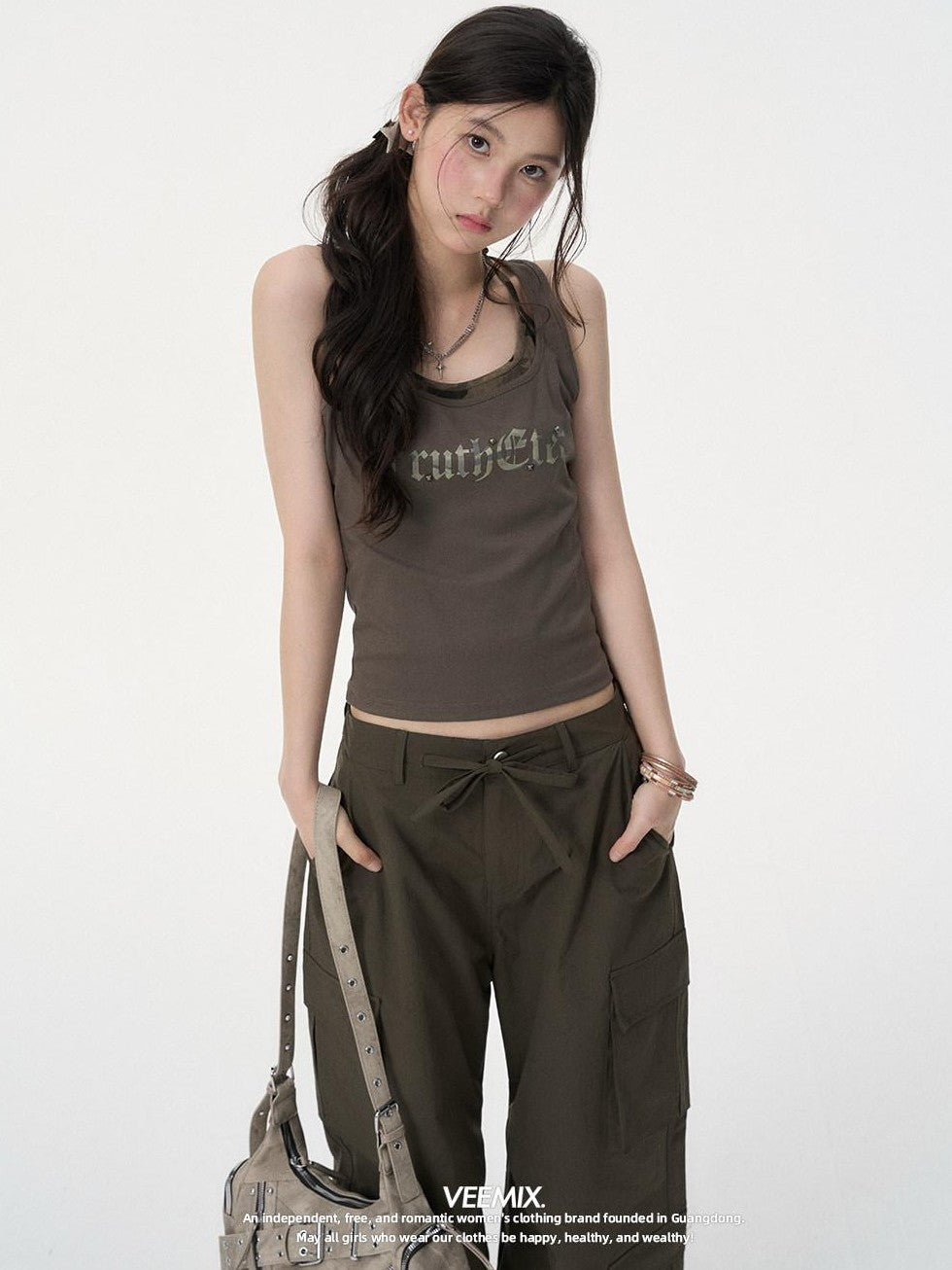 VEEMIX Army Green Letter Print Fake Two Piece Y Strap Women's Cotton Tank Tops