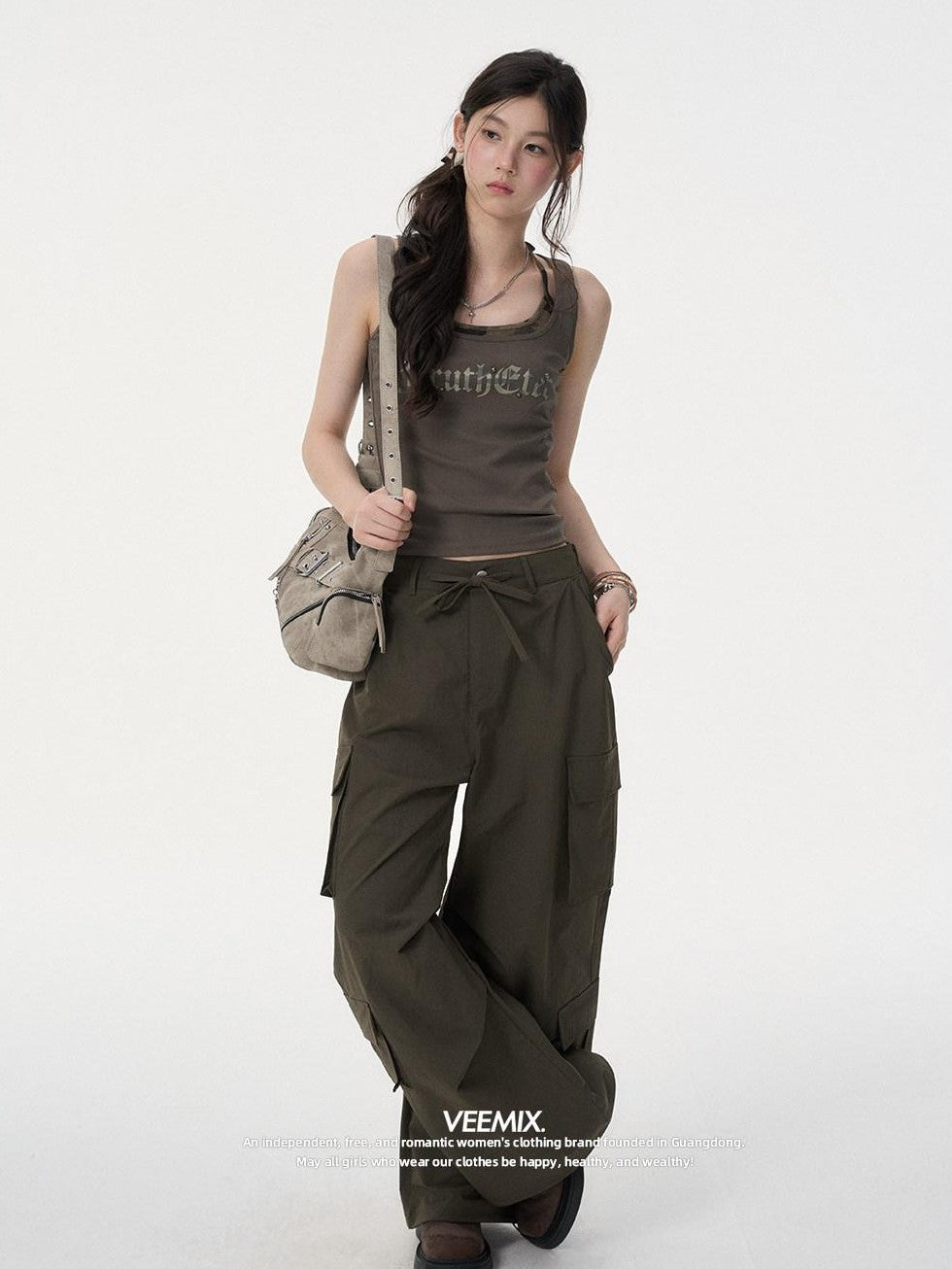 VEEMIX Army Green Letter Print Fake Two Piece Y Strap Women's Cotton Tank Tops