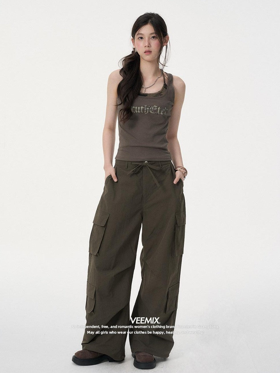 VEEMIX Army Green Letter Print Fake Two Piece Y Strap Women's Cotton Tank Tops