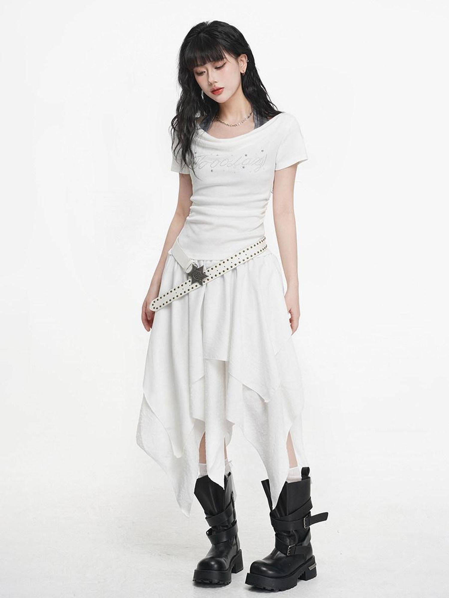 VEEMIX Artistic Asymmetrical Low Waist Elastic Aline Women's Polyester Midi Skirts