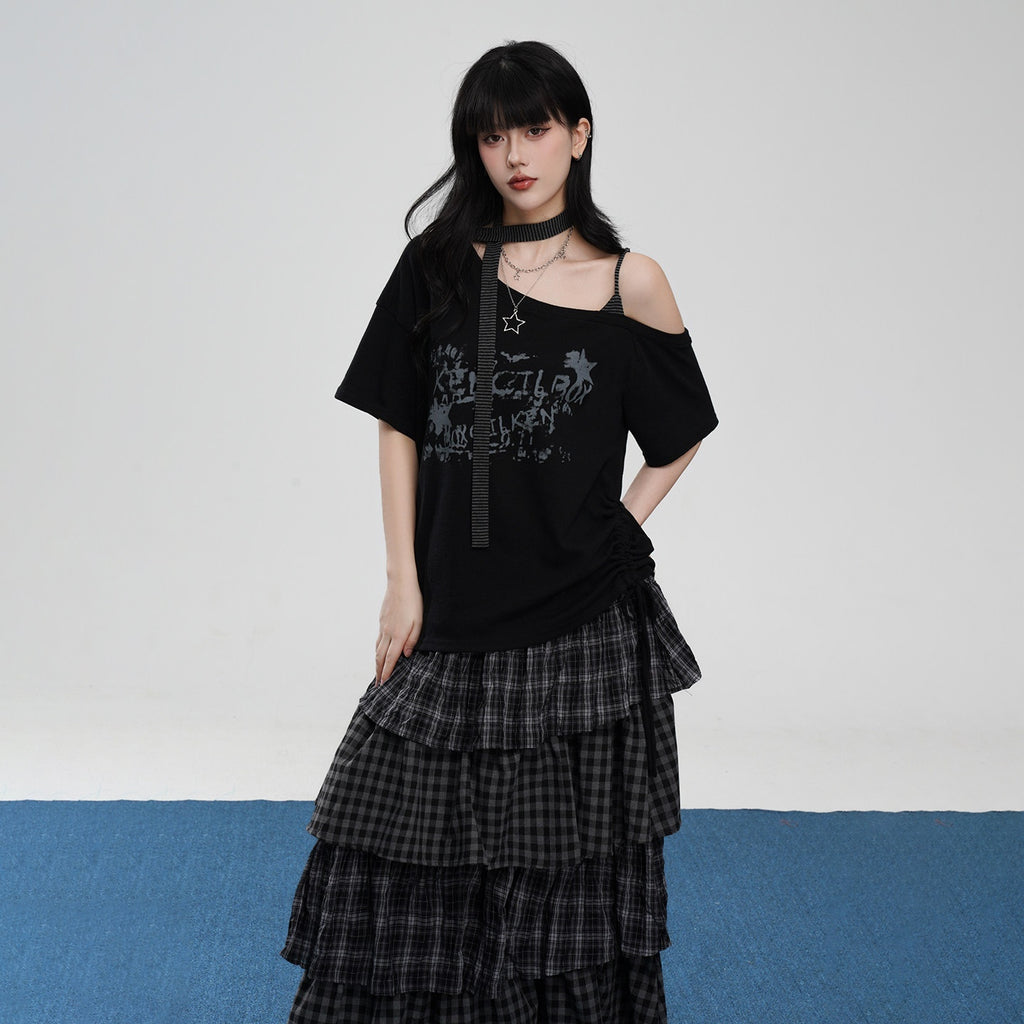 VEEMIX_Asymmetric_Drawstring_Letter_Print_Women's_Cotton_Blend_Off-shoulder_T-shirts_1046664897357_MISSTT