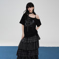 VEEMIX_Asymmetric_Drawstring_Letter_Print_Women's_Cotton_Blend_Off-shoulder_T-shirts_1046664897357_MISSTT