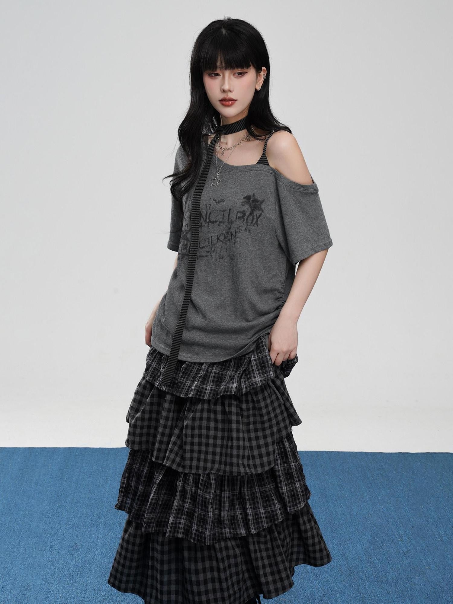 VEEMIX Asymmetric Drawstring Letter Print Women's Cotton Blend Off-shoulder T-shirts